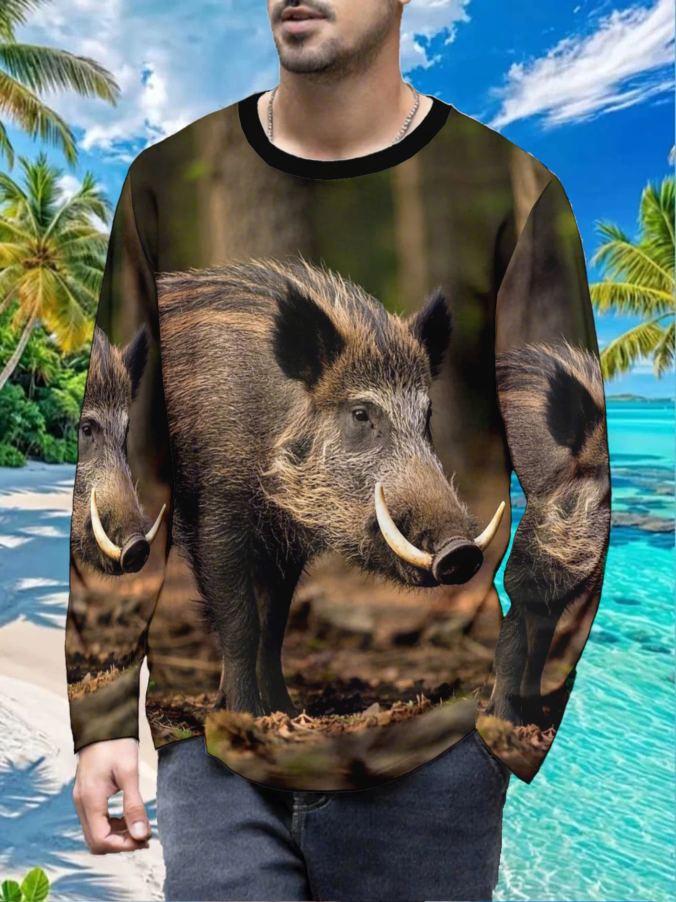 Wild Boar Forest Nature Animal Mens Polyester Long Sleeve T Shirt Wild Pig Print Graphic Tee Casual Outdoor Fall Winter Soft Com