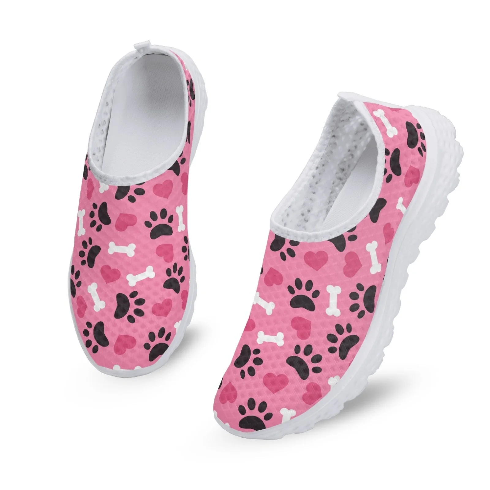 INSTANTARTS Pink Dog Paw Love Print Loafers Woman Summer Air Mesh Flats Girl Lightweight Breathable Slip On Sneakers Women