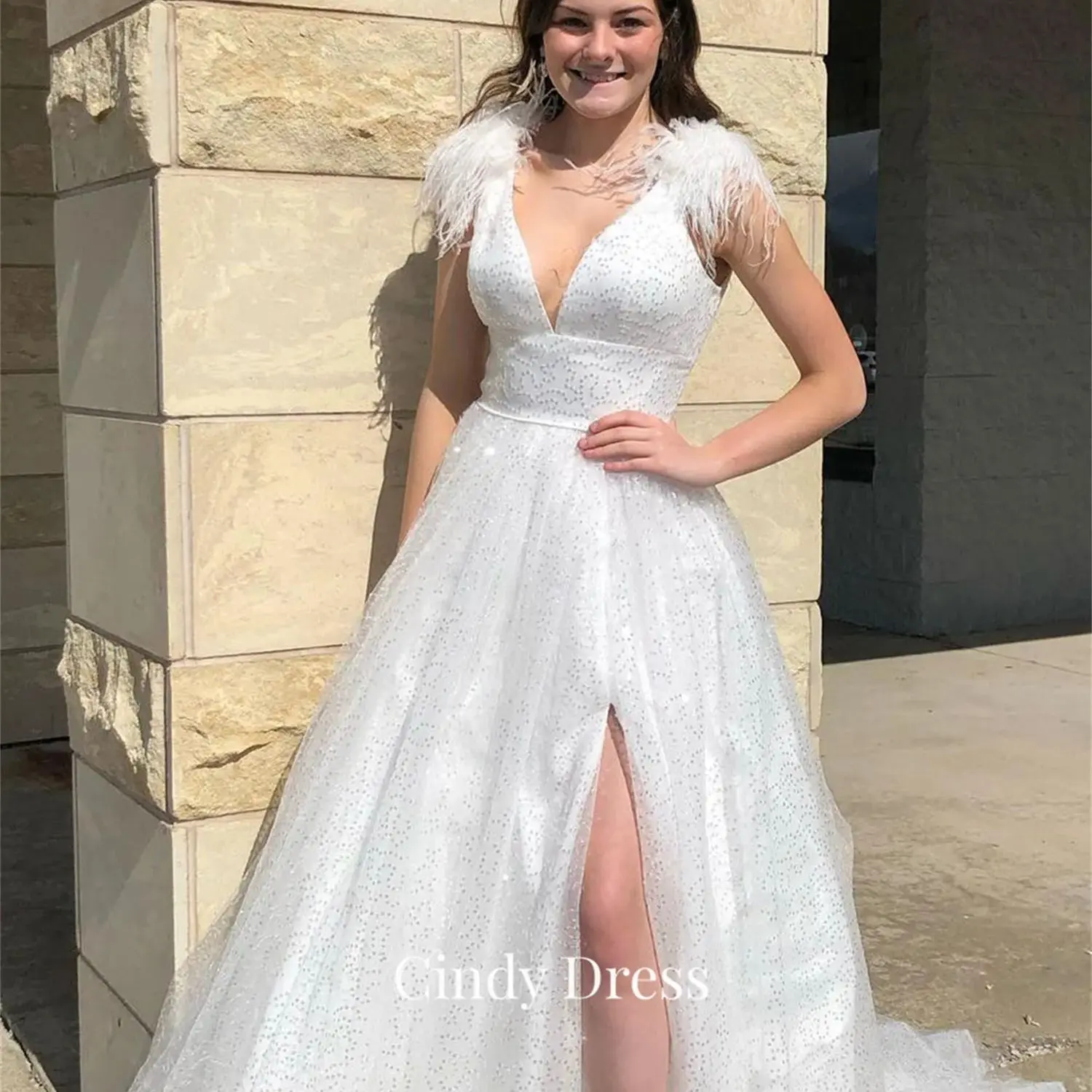 Cindy Feather Wedding Dress White V-neck Side Slit Sharon Happy Evening Dresses for Formal Occasions Ball Gowns