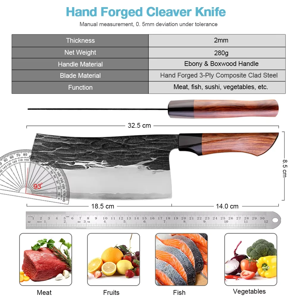 Handmade Cleaver Knife Triple-layer Composite Steel Kitchen Knife Hand Forged Knife Blade Sharp Slicing Knife Rosewood Handle