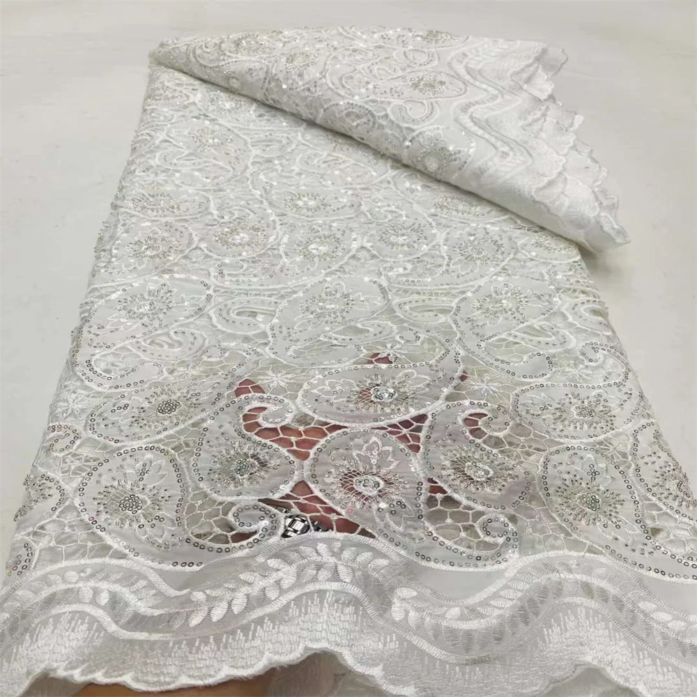 2024 Hot Selling French Lace With Sequins Beaded African Guipure Cord Lace Fabric Embroidered Fabric For Bridal Wedding Party