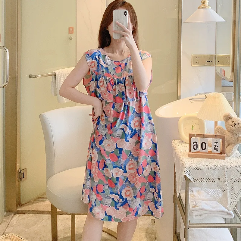 Women Viscose Nightgowns Round Neck Pajama Dress Floral Sleepdress Nightshirt Nightdress Sleeveless Sleepwear Casual Sleepshirt