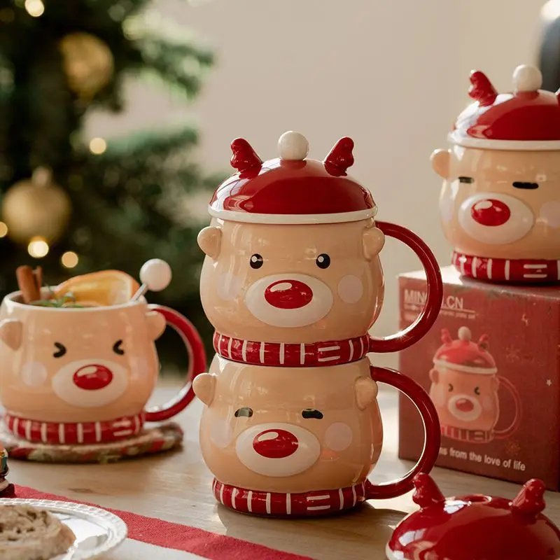Elk Christmas Ceramic Cup, Christmas Gift Mug Creative Cartoon Coffee Cups Household High Value Drinkware