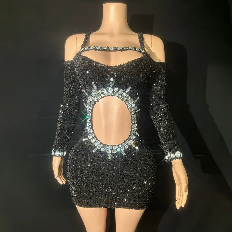 New Red Blue Shiny Diamond Performance Dress Nightclub DJ Bar Female Singer Sexy Little Glitter Dress Party Leaky Navel Dress