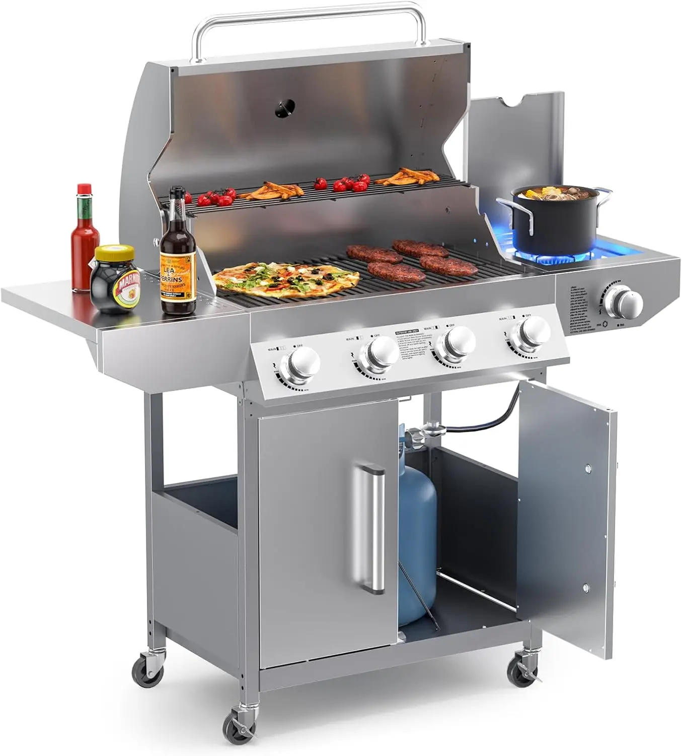 

SKOK 4-Burner Propane Gas BBQ Grill with Side Burner & Porcelain-Enameled Cast Iron Grates,Stainless Steel Grill with 544 Sq. In