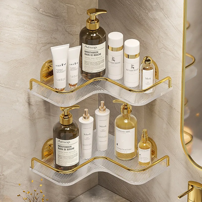 

No Drill Acrylic Bathroom Shelf - Gold Rustproof Corner Organizer Single/Double Layer with Hooks for Shower Essentials