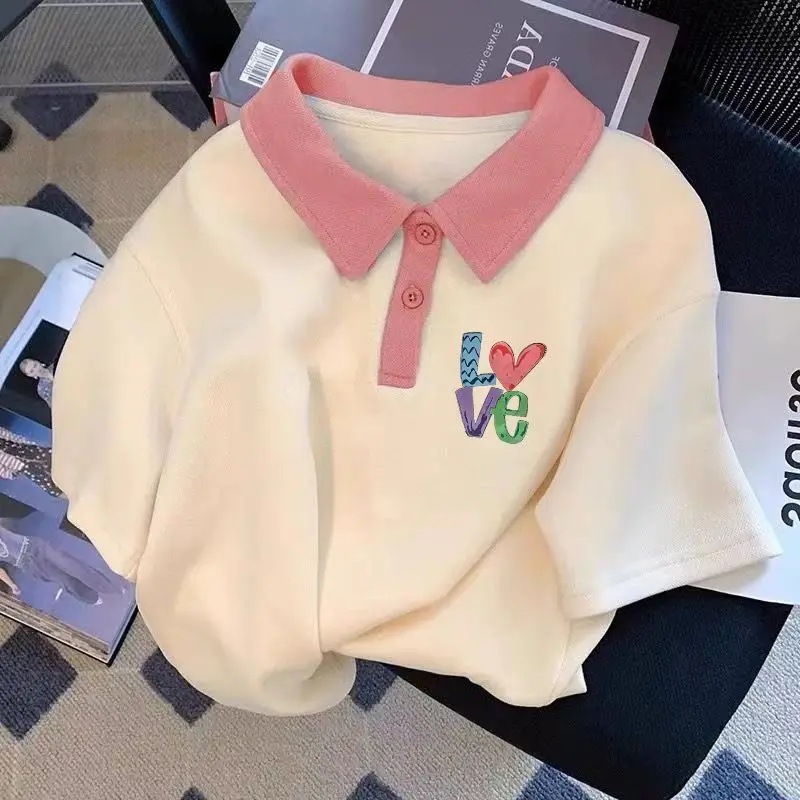 2026 New Color Blocked Girls' Summer Polo Collared Short Sleeve Base Layer Stylish Kids' T-Shirt with Inspired Fashion Design