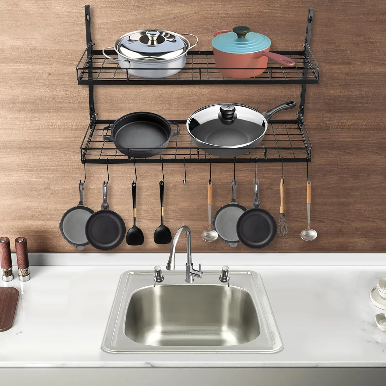 رف أوعية معلق بطبقتين، رف أوعية مثبت على الحائط مع 10 خطافات، رف تخزين المطبخ، رف معلق مثبت لتخزين المطبخ أ