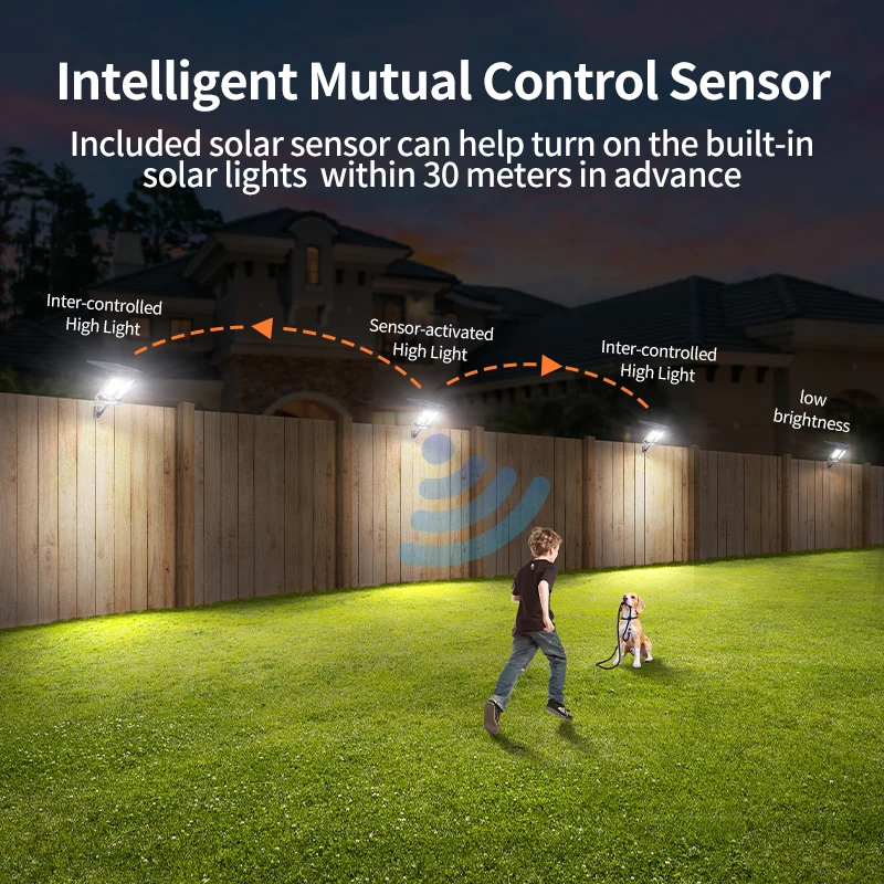 ضوء شمسي ذكي للأمن الخارجي ، مستشعر الحركة ، مصابيح أمان الفيضانات مع جهاز تحكم عن بعد ، مصباح جداري يعمل بالطاقة ، مصباح شمسي