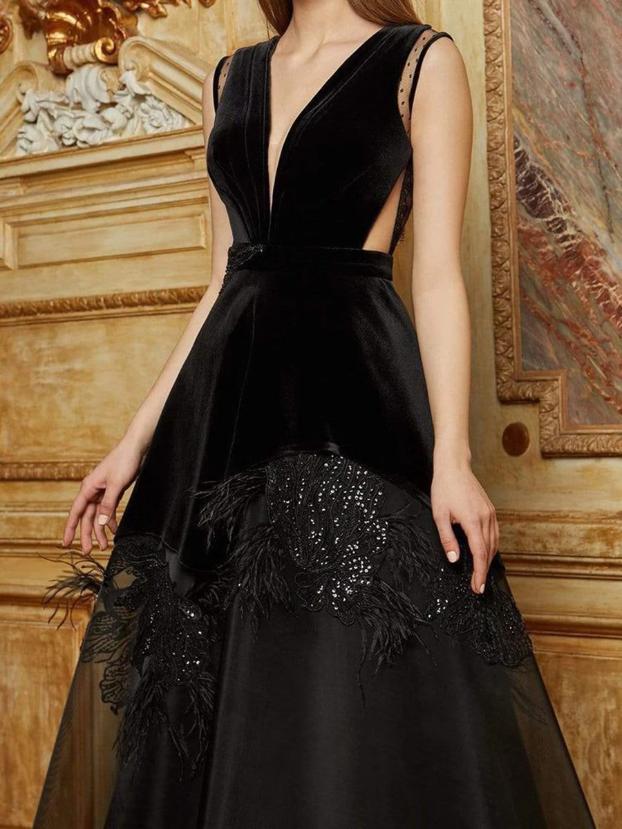 Customized Black Dresses Sexy V-Neck Floor Length Evening Formal Applique Sequined Feathers Dresses for Women vestidos de noche