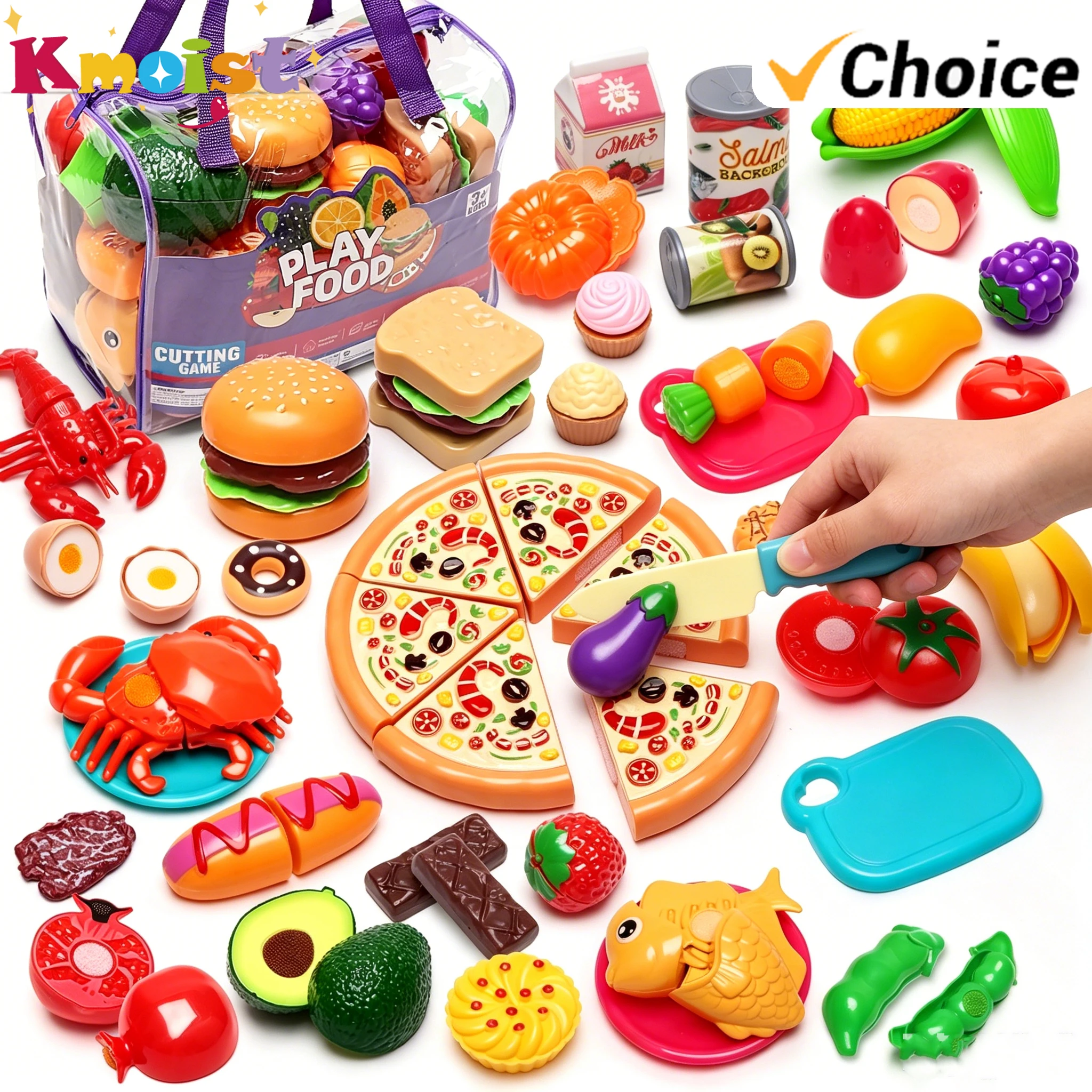 フルーツハンバーガー、卵、パン、野菜ピザ、チョコレートケーキ、ごっこ遊び用食品セット、子供用キッチンカットおもちゃ、収納バッグ付き