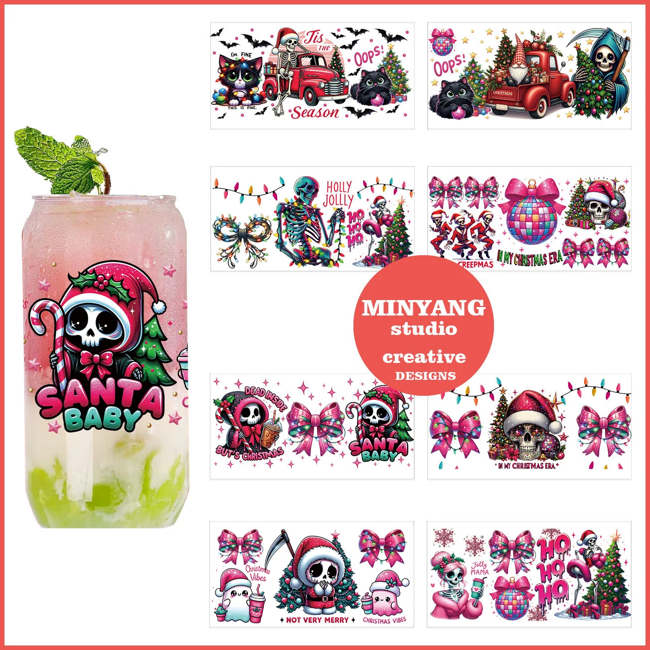 

Christmas skeleton peel waterproof DIY Decals 3D transfers uvdtf crystal stickers 16oz uv dtf cup wraps for Libbey Glasses