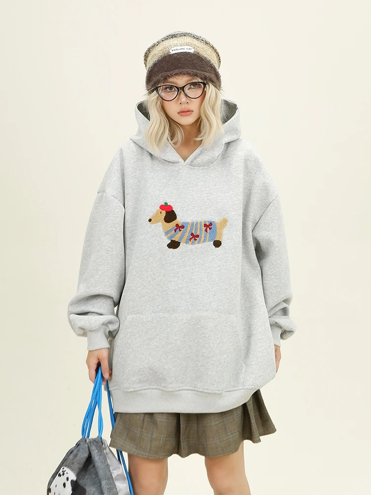 Women Sweatshirt Streetwear Couples Tops Casual Loose Hoodie Autumn Winter Cartoon Dog Embroidery Hooded Pullover