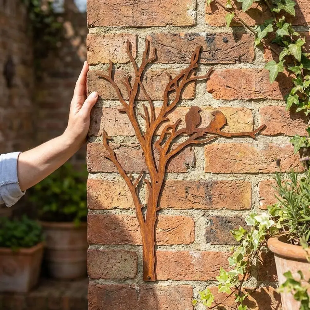 Minimalist Line Metal Tree Branch Bird Silhouette Decor Farmhouse Style Vintage Rust Garden Silhouette Wall Ornament Waterproof