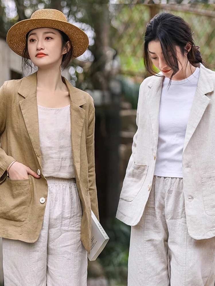 

Cotton Linen Single Button ort Suit Jaet Women's Loose Long Sve Traditional Chinese Sle Summer New Arrival