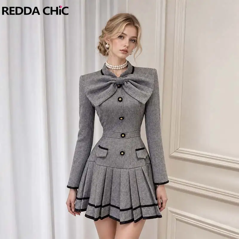 REDDACHiC Cutecore Bow Women Mini Dress Fall Wool-blend Single-breasted Long Sleeve Stand Collar Pleated Dress Elegant Clothes
