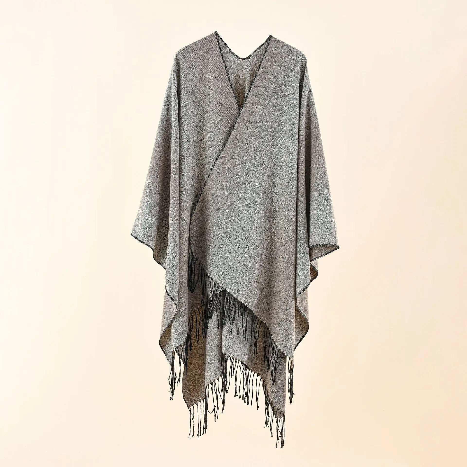 

2022 Autumn Winter New Solid Color Gradient Tassel Imitation Cashmere Warm Women Shawl Scarf Lady Poncho Capes Gray