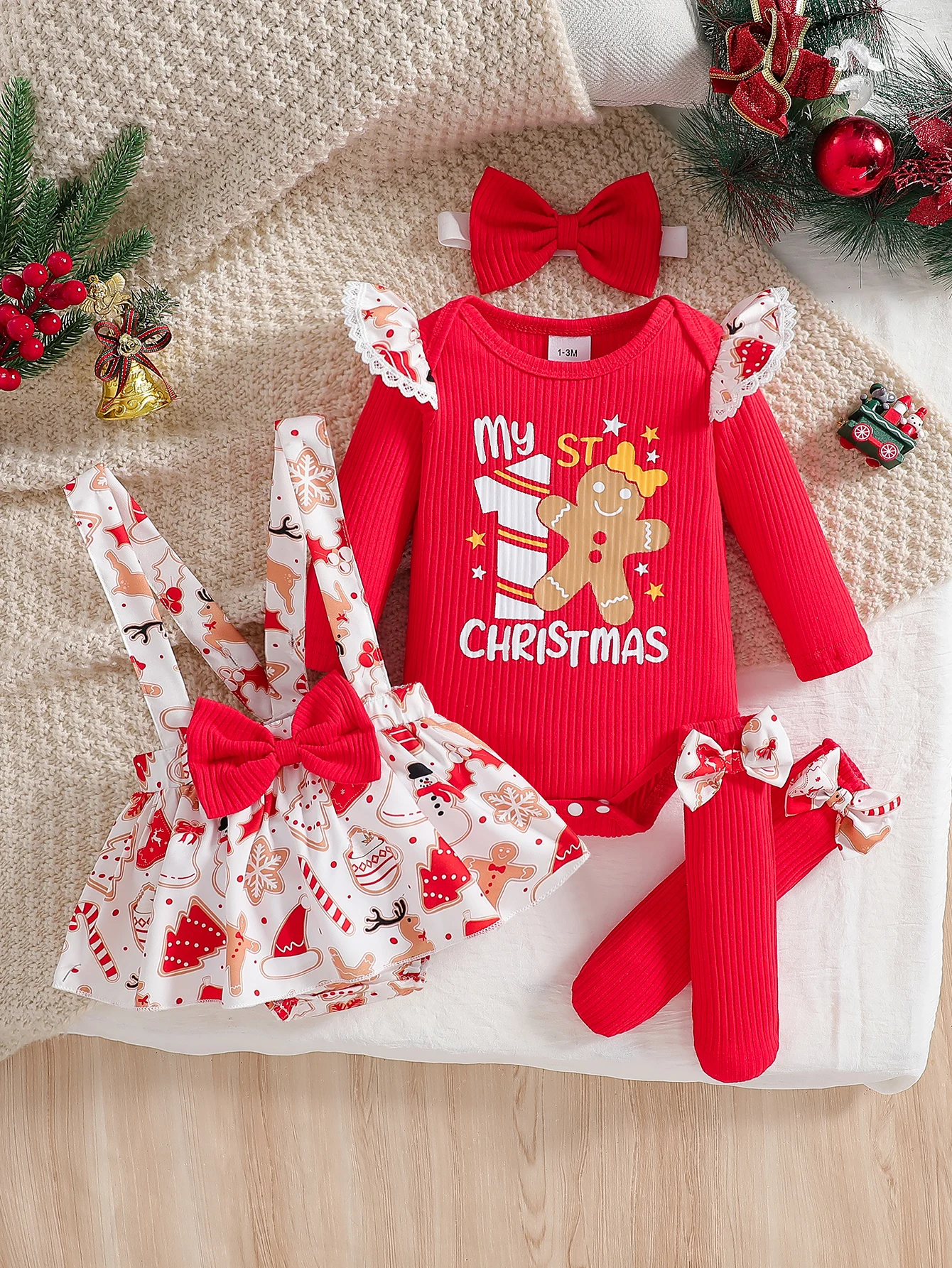 Baby girl cute Christmas costume round neck ruffled long sleeved jumpsuit and suspender jumpsuit, red bow socks and bow headband