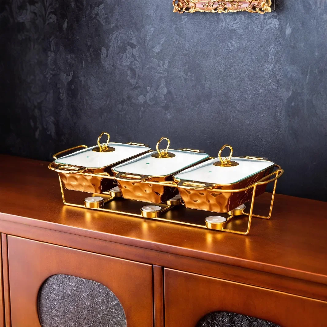 Cross-border casserole three compartment rectangular gold shelf ston