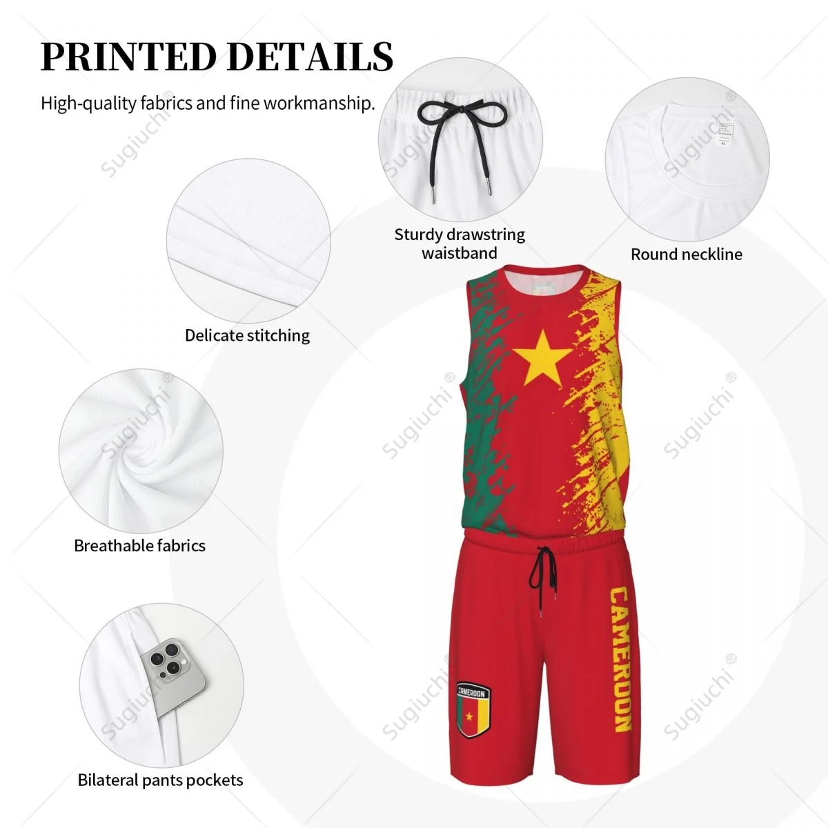 Team-up Cameroon Flag Grain Men Basketball Jersey Set Shirt & Pants Sleeveless Custom Name Nunber Exclusive