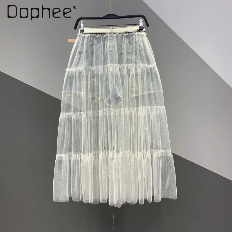 NOVEDAD DE VERANO 2021, minifalda vaquera rasgada de dos piezas falsa, falda de pastel ajustada de longitud media por encima de la rodilla de malla de retales a la moda para mujer