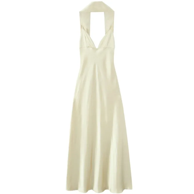 Novo Vestido Longo de Verão 2025 Moda Fena Lenço Fino Deco Seda Cetim Saia de Cintura Alta Linha A Sem Mangas Decote ...