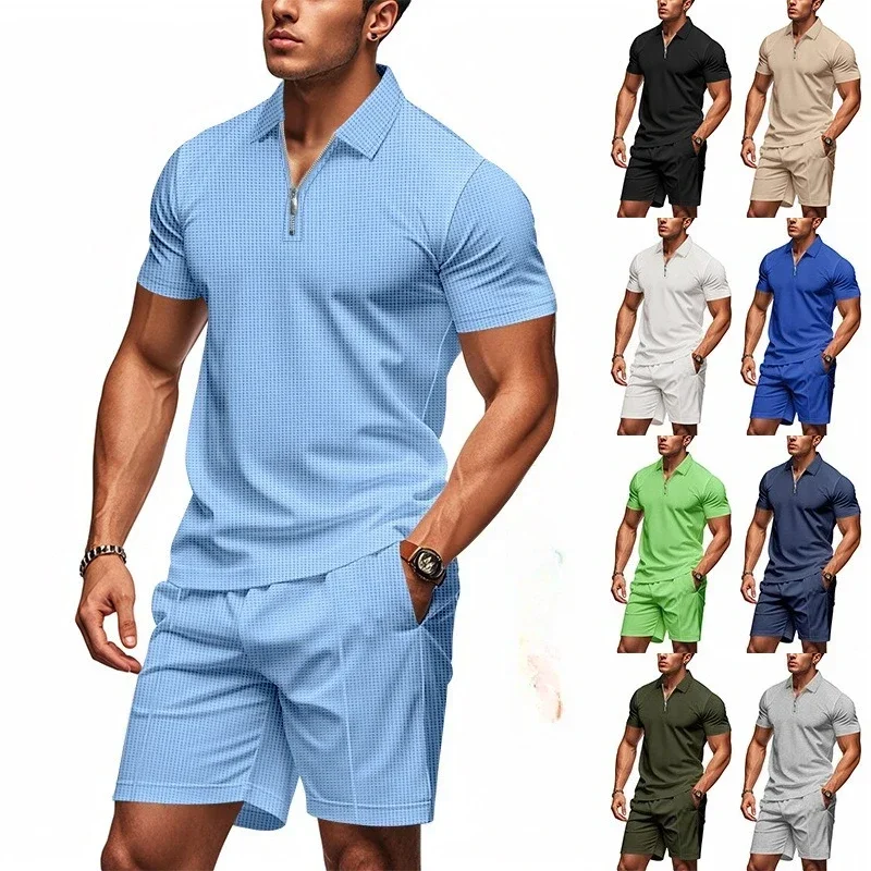 

Men's Clothes Summer Polo Men's Suit American Waffle Loose Zipper Short Sleeve Shorts Suit