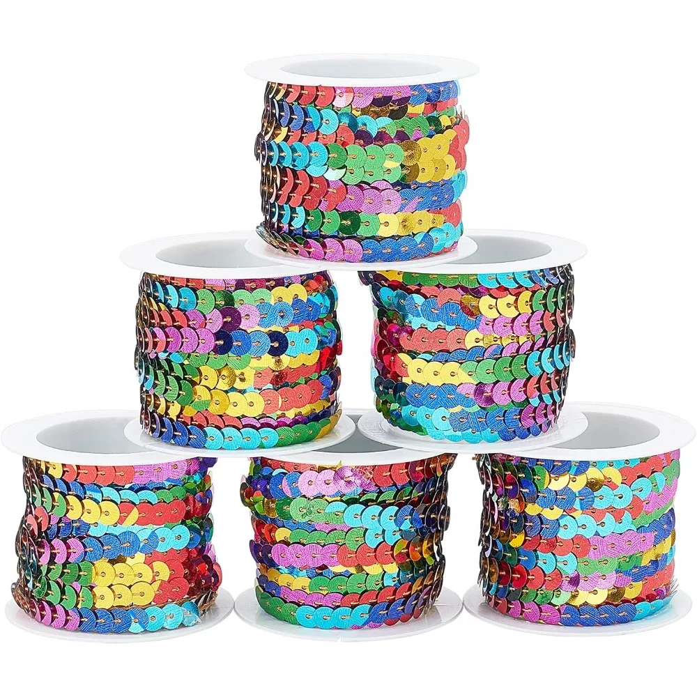 6 Rolls Colorful Sequins Roll 6mm Flat Sequin Strip String Paillette Ribbon Trim Spool for Embellishments Dress Headband