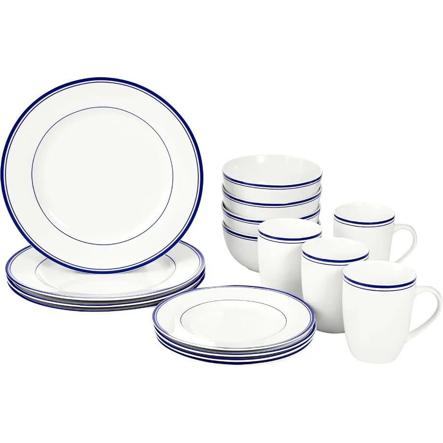 

16Piece Cafe Stripe Kitchen Dinnerware Set for 4 Includes Plates Bowls Mugs with Stylish Blue Stripe Design Ideal for Casual Di