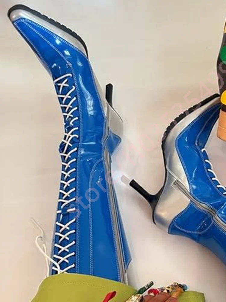 

New Style Blue Lace-Up Fashion Women's Boots 2025 Autumn Pointed Toe Sexy Catwalk Stilettos Mixed Color Party Casual Long Boots.