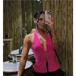 Women Fashion SolidSleeveless Backless Halter Neck Waistcoat 2024 Summer Sexy Button-up Chic Tops Girl Outwear Tops