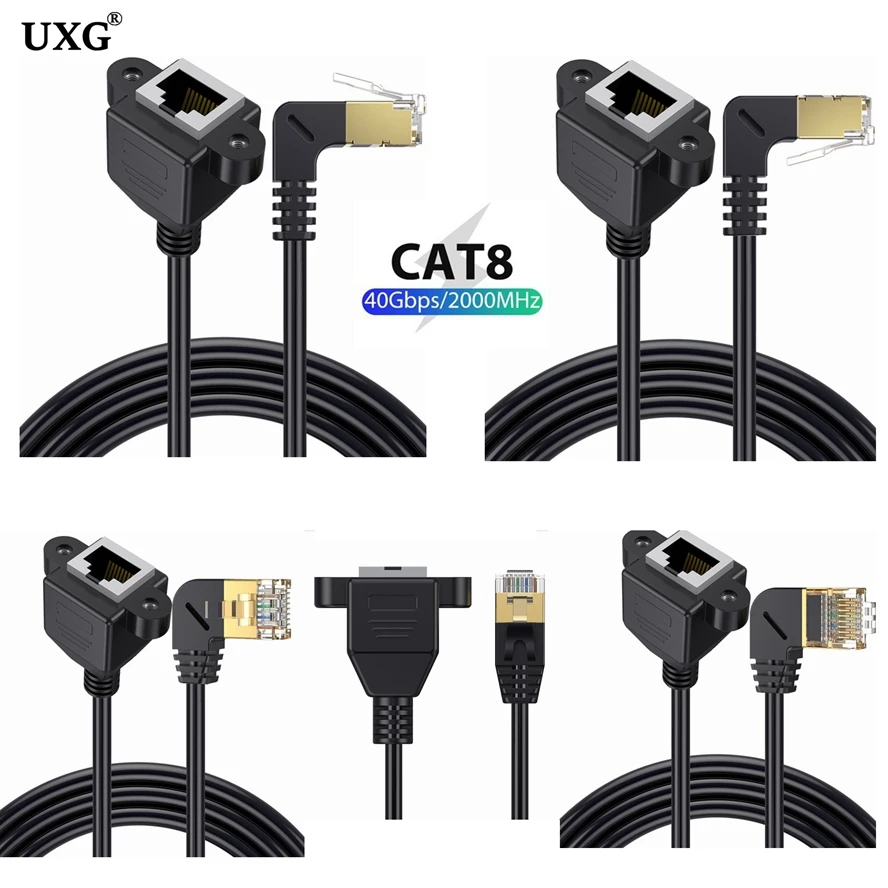 90 Degree Angle CAT8 8Pin RJ45 40Gbps RJ 45 Ethernet Network Extension Cable Male To Female For Laptop PC Router Computer Cord