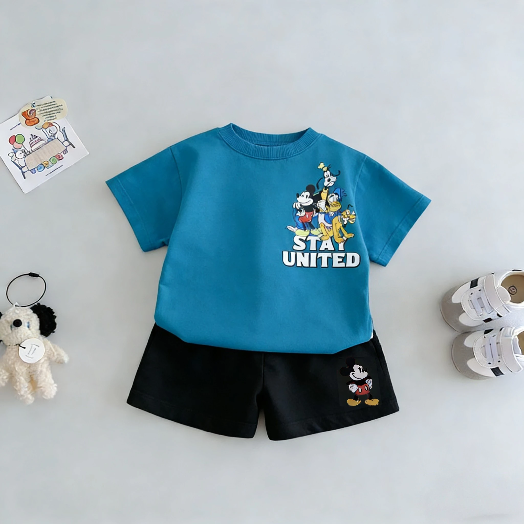 

Детская одежда для детей от 1 до 7 лет, костюм с футболкой и шортами с короткими рукавами с рисунком Микки, комплект из двух предметов, детский повседневный костюм, спортивные костюмы