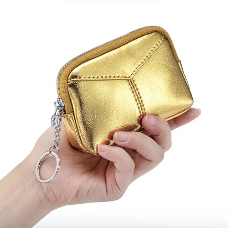 Shiny Silver Gold Coin Bag with Key Ring, Gloss Genuine Leather Zipper Compact Coin Purse for Women Ladies Daily Carry