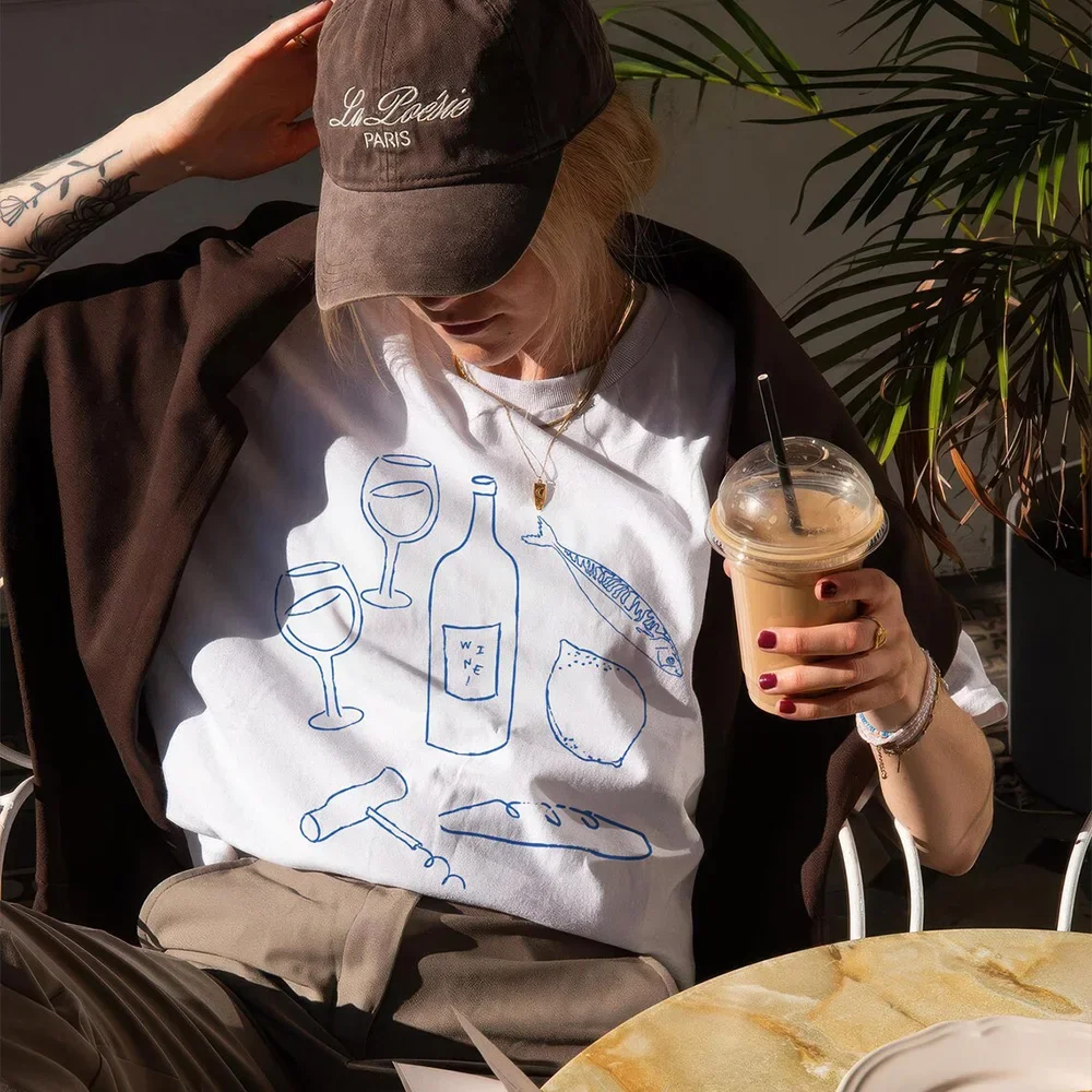 

Женские топы больших размеров, модные футболки с рисунком для ужина, эстетические свободные хлопковые повседневные футболки с короткими рукавами, унисекс, винная футболка