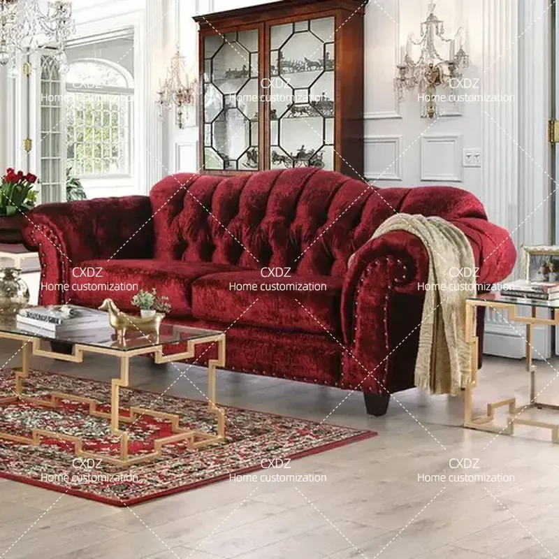 American Modern Red Velvet Sofa for Hotel Wedding Studio Living Room Ice Flower Pattern Fabric Couch Contemporary Design