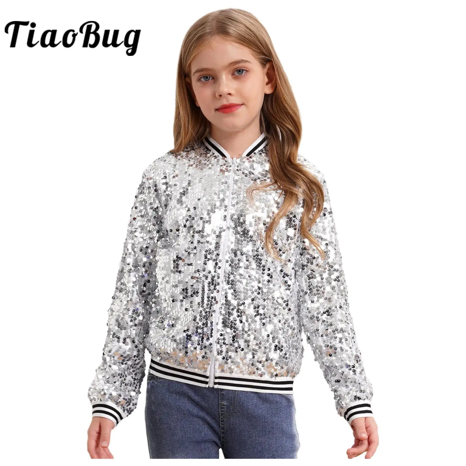 Kids Fashion Girls Sequin Jackets Children Streetwear Zipper Coat Outerwear for Performance Jazz Dance Birthday Party Costume