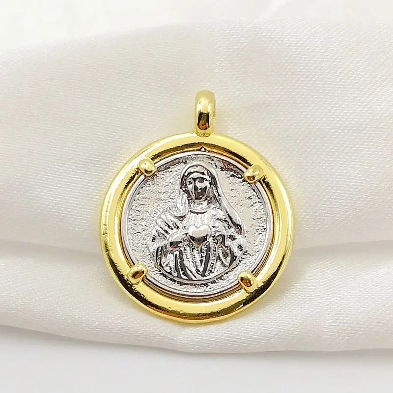 Gold Plated Our Lady Charms for DIY Jewelry Making Silvery Scared Heart Medal Pendant Catholic Religious Jewelry Communion Gifts