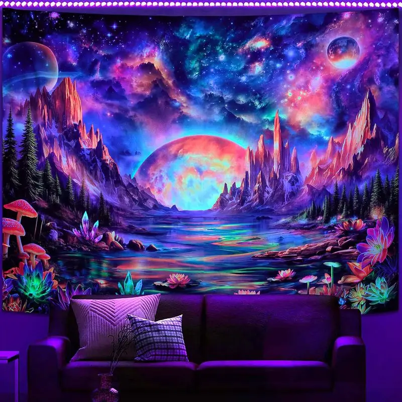 VIKAMA Cosmic Milky Way Planet Range Tarn Black Light Tapestry UV Active Surreal Wall Poster Home Accent Decor Soft Durable Cozy