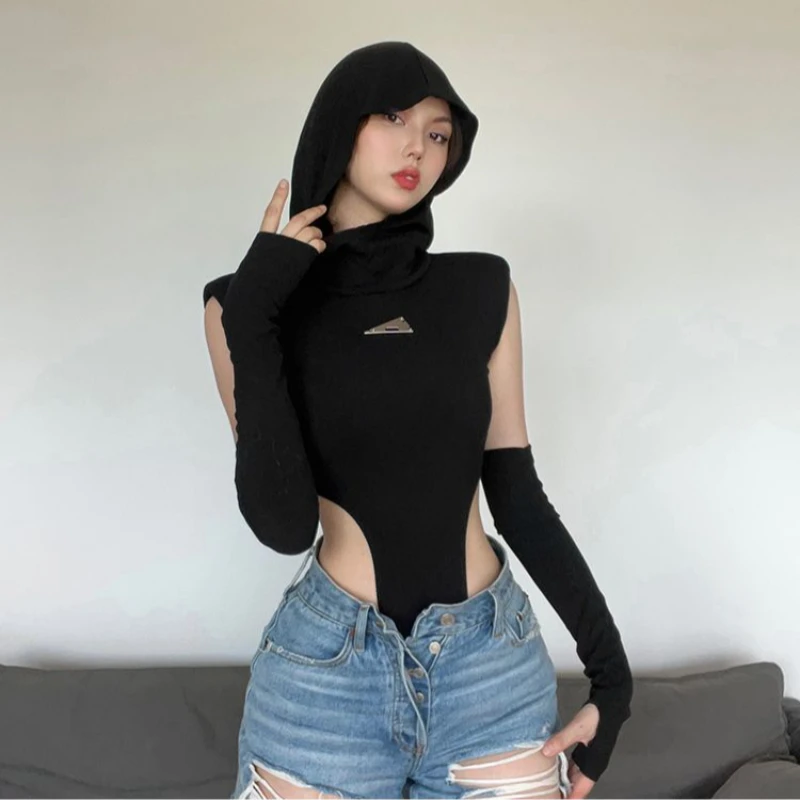 

Женский облегающий Универсальный полый комбинезон, черная подушка на плечо для девочек, уникальная уменьшающая возраст футболка с капюшоном, крутая Мода