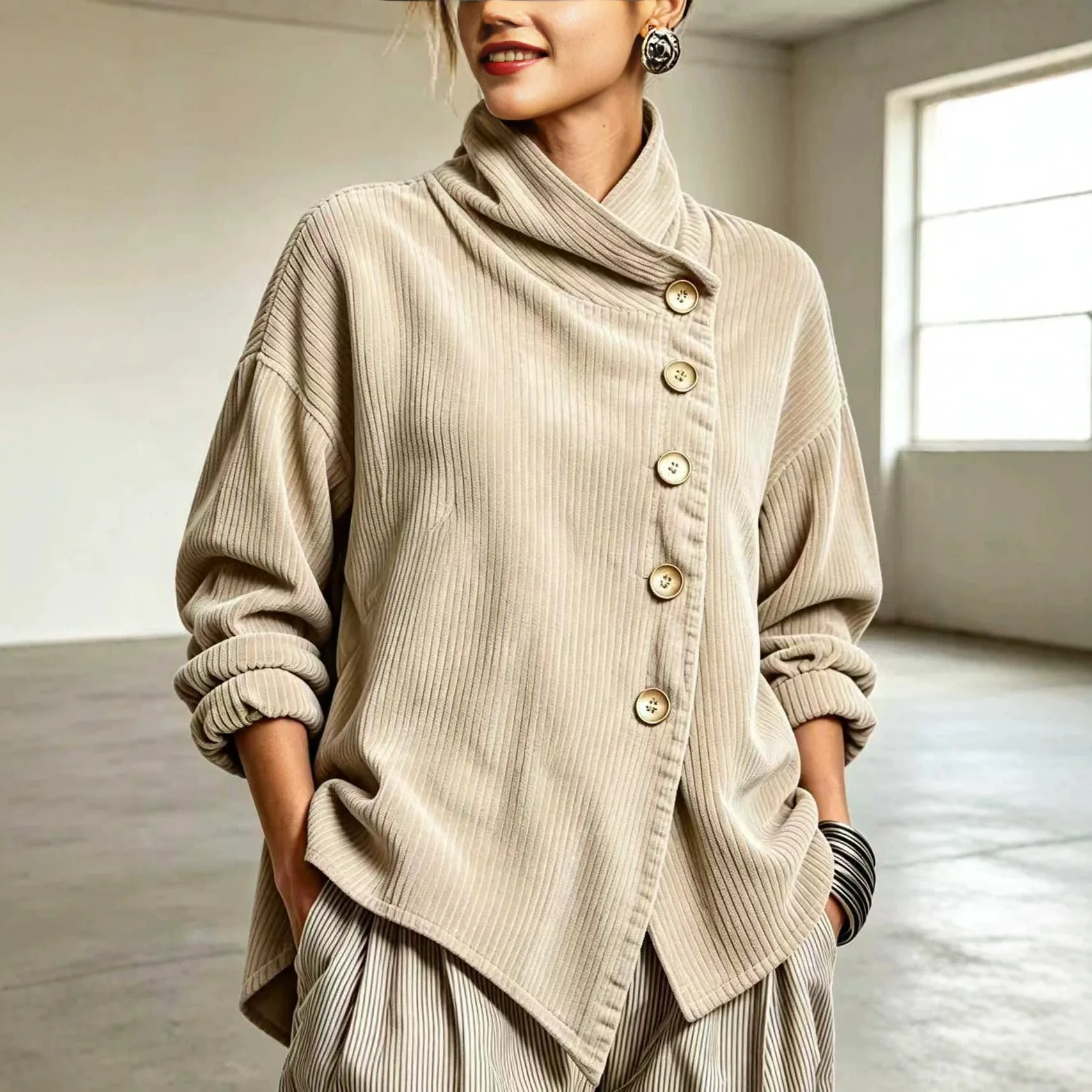 Women Corduroy Jacket High Neck Asymmetric Button Long Sleeve Loose Casual Fall Winter Outerwear Coat Vintage Women Clothing