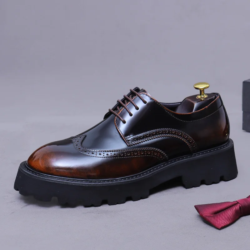 

Men's Black Patent Leather Chunky Brogue Oxfords Lace-Up Thick Lug Sole Dress Shoe Formal Casual Footwear for Street Style Daily