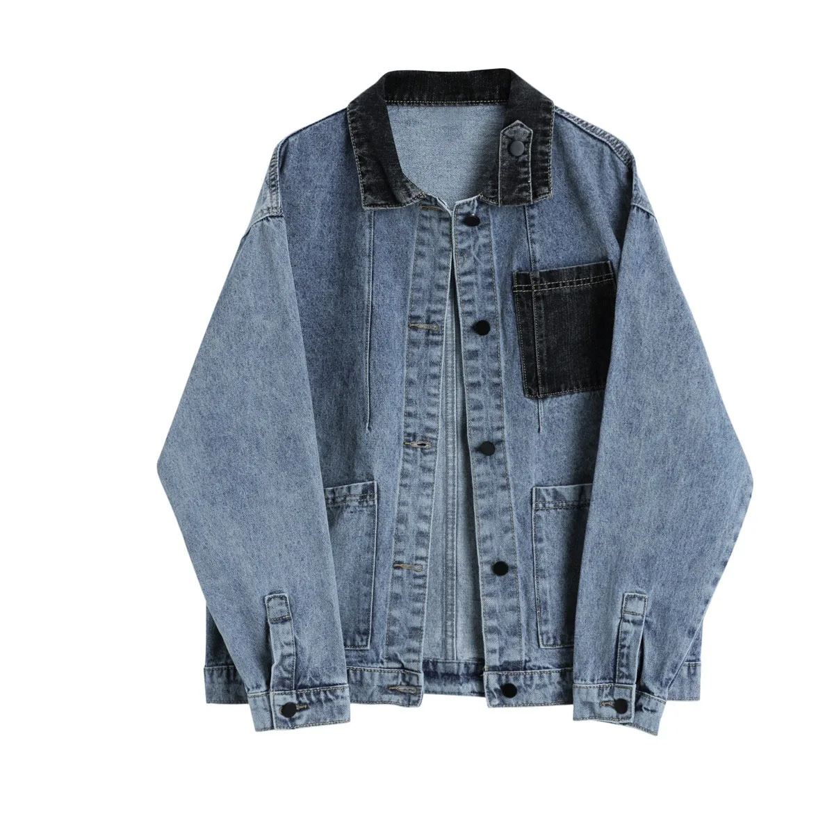 Retro Denim Jacket for Women Blue Casual Color Blocked Long Sleeved Jackets 2026 Autumn New Single Breasted Lapel Coat