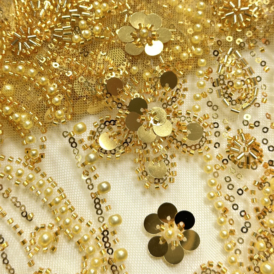 Yellow Bridal Lace Fabric 5 yard 2026 Beaded Sequins Floral Embroidery Groom High Quality French Tulle for Wedding Dresses