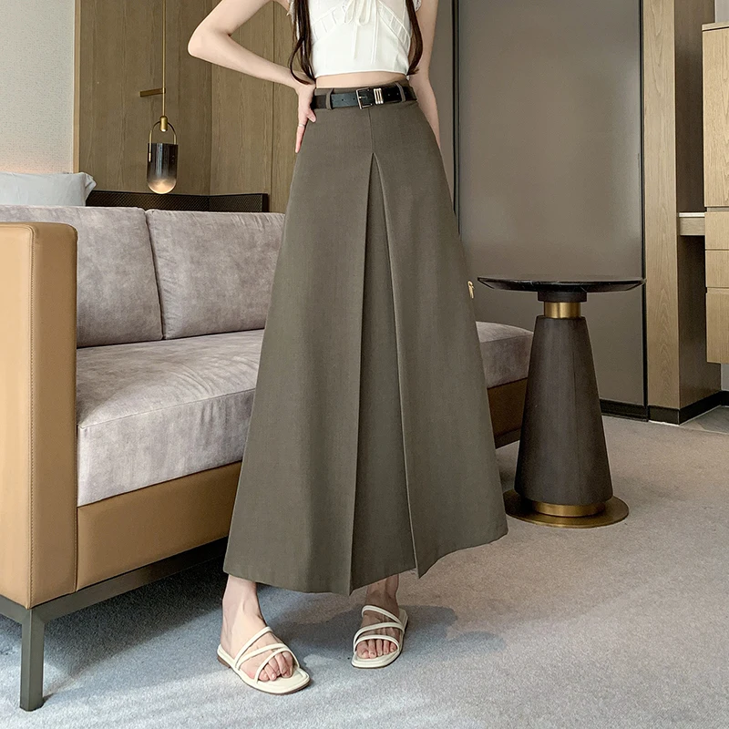 Seoulish Vintage Pleated Suit Women\'s Long Skirts Autumn Elegant Office Lady A-Line High Waist Solid Color Casual Skirts Female