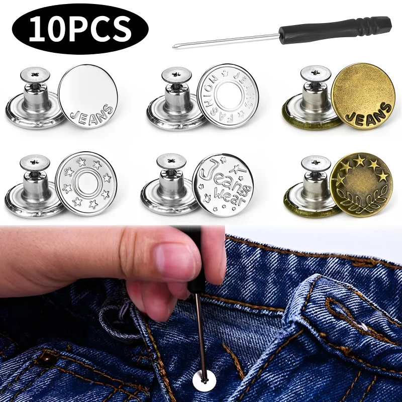 10Pcs Jeans Buttons Replacement 17mm No Sewing Metal Button Repair Kit Nailless Removable Jean Buttons Replacement Combo