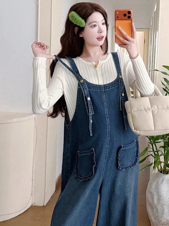 fall-season-denim-overalls-pregnant-women's-outfit-two-piece-set-korean-style-maternity-clothes-cotton-regular-thickness