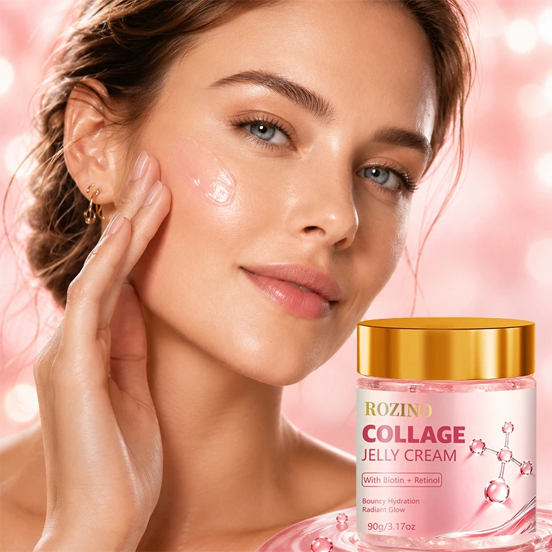 Rozino Moisturizing and Firming Jelly Cream, in a Translucent Jar with a Golden Round Lid, Has a Q-Elastic Jelly Texture, with Added Collagen, Biotin, and Retinol, Providing a Refreshing Touch, Instant Hydration, Non-Sticky Texture, and a Lifting Effect. It's Refreshing and Non-Sticky on the Skin, with an Instant Hydrating Effect and a Lifting Effect. It's Part of the Double Eleven Christmas Big Sale