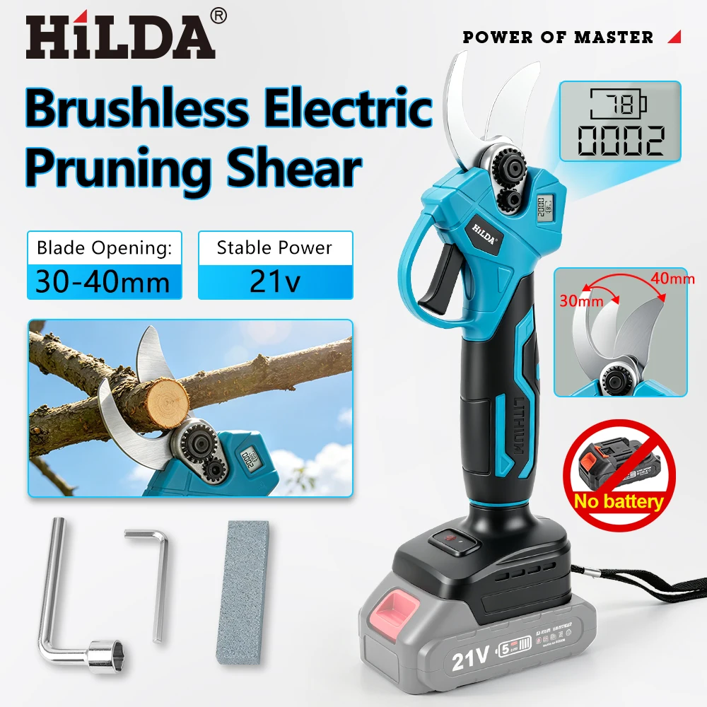 HILDA 21V Elektrische Astschere mit bürstenlosem Motor, digitaler Zähleranzeige, Obstbaum-Astschneider, Elektrowerkzeug für Makita-Akku