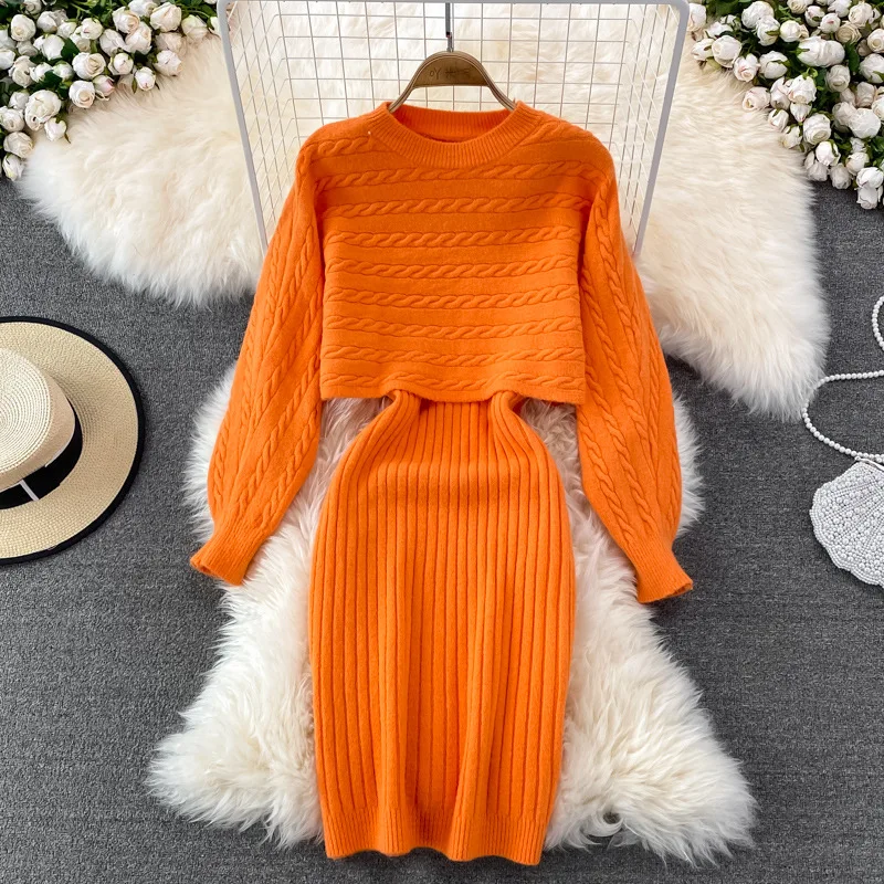 Autumn Winter Women's Knitted Dress Set Fashion Casual Solid Colour Round Neck Loose Pullover Jumper Slim Halter Dress 2pcs Set